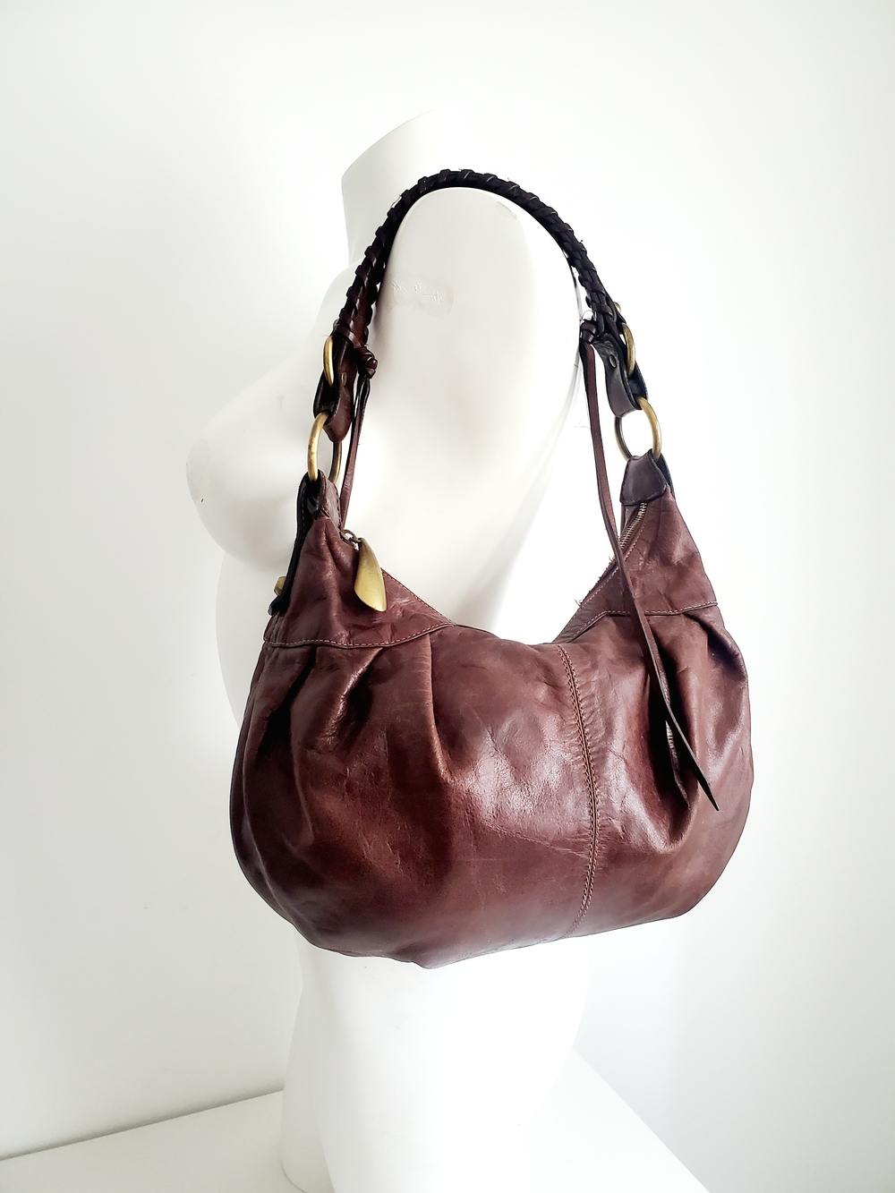 Francesco Biasia Brown Braided-Handle Leather Shoulder Bag - Y2K